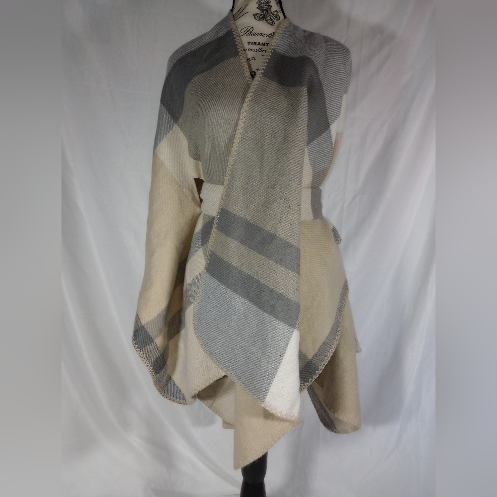 🤎 Emanuel Geraldo Women's Plaid Open-Front Ruana Poncho Wrap Belted One Size 🍂